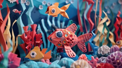 Colorful paper cut out represent of various sea or ocean fish species arranged underwater scene reflect oceanic and marine life ecosystems. Artistic creativity craftsmanship in aquatic themes. AIG53.