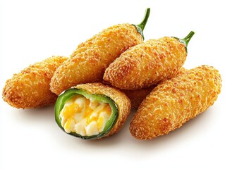 Delicious crispy jalapeno poppers filled with cheese, perfect for appetizers or snacks at parties and gatherings, white background