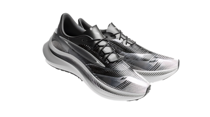 Pair of sleek running shoes with visible sole patterns, isolated on a white background,