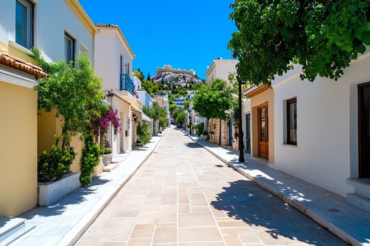 Fototapeta Plaka District, Athens, with narrow streets filled with traditional Greek houses, shops, and views of the Acropolis