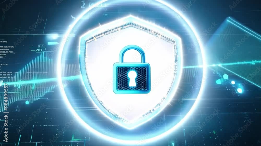 Aufkleber A glowing shield icon with a padlock represents cybersecurity in a digital landscape filled with data streams and abstract elements, highlighting the importance of data protection.