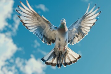 Obraz premium Dove Soaring with Wings Open in Blue Sky