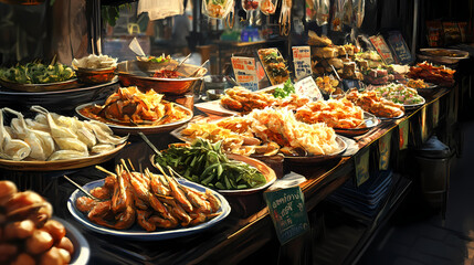 Obraz premium Thai street food, the market in thailand is full of food. Street Market. Illustration
