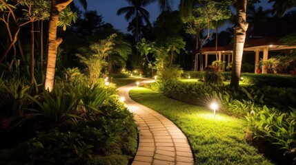 Fototapeta premium Illuminated Pathway Through a Lush Tropical Garden