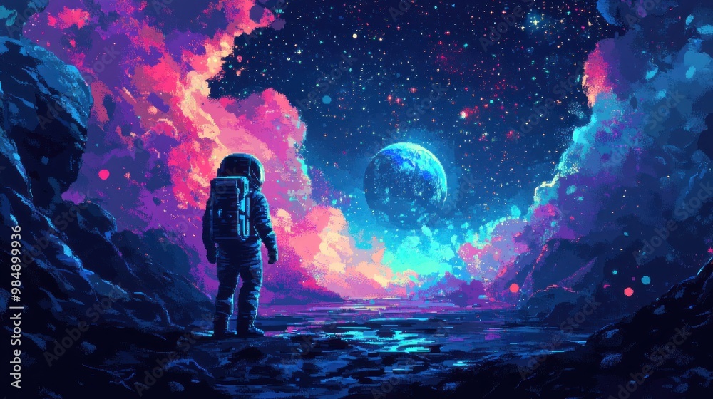 Wall mural Astronaut Contemplating a Cosmic Landscape with a Blue Planet and Pink Clouds