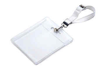 Clear plastic id card holder with white lanyard on transparent background