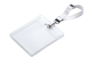 Clear plastic id card holder with white lanyard on transparent background