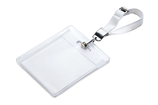 Clear plastic id card holder with white lanyard on transparent background