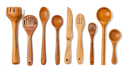 Set of wooden kitchen utensils, isolated on a white background