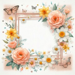 Beautiful floral frame with pink roses and yellow daffodils, adorned with butterflies.