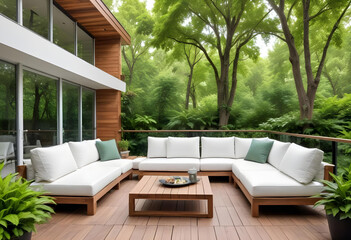 Fototapeta premium Contemporary wooden outdoor patio furniture with white cushions set against a lush garden backdrop, illuminated by soft sunset lighting 