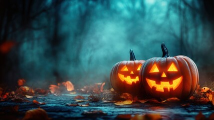 Jack O' Lantern halloween pumpkins on background of a scary halloween night. Copy space