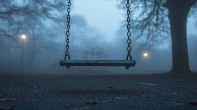 An empty swing in a foggy park at twilight, creating an eerie mood.