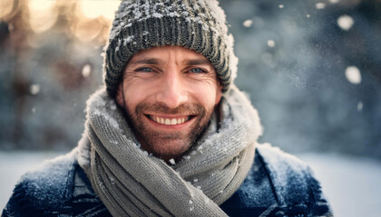 Person in a wool hat and thick scarf smiling in cold weather