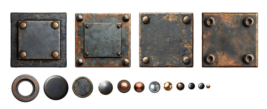 Rusty old square metal plates and rivets with industrial parts in steampunk style on transparent background PNG