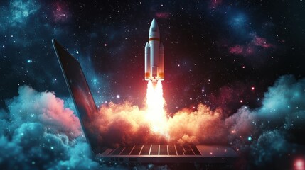 Launching Space Rocket From Laptop Screen. Generative AI