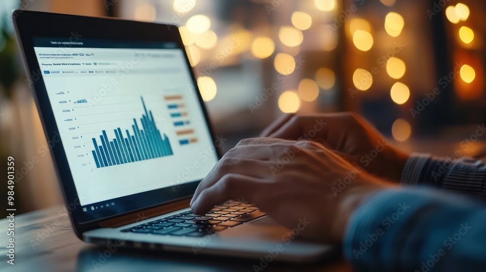 Poster man using laptop data analysis focusing on growing sales graph business data analytics concept busin