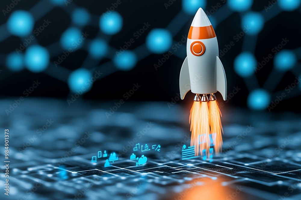 Poster rocket launching from a business graph, symbolizing rapid acceleration and growth for new startups