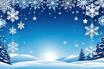 A serene winter landscape with snowflakes and trees under a blue sky, ideal for seasonal decorations.