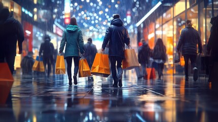 Midnight Black Friday shopping spree, with shoppers wielding shopping bags