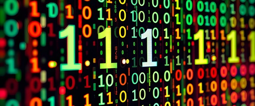 The screen&rsquo;s vibrant colors and the detailed textures screen displaying abstract Binary code is just 0 and 1, no other numbers.