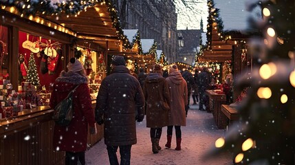 Couples shopping for Christmas gifts at a festive market, with wooden stalls decorated in red and white, snow falling gently.