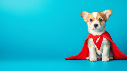 Adorable puppy in a red cape sitting against a bright blue background
Concept: superhero puppy, playful pets, cute dogs, whimsical design, colorful animal photography