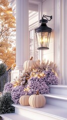 Fototapeta premium The front porch features decorative pumpkins, lanterns, and colorful flowers on the stairs, contrasting beautifully with the tranquil river and mountains in the background