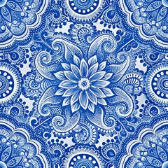 Elegant floral pattern design in muted blue and white tones featuring intricate mandala elements
