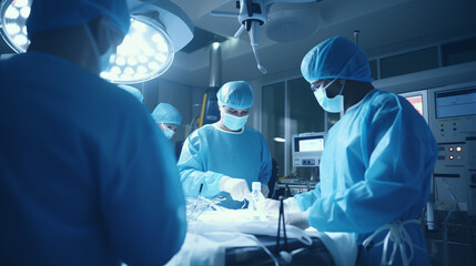A group of doctors in surgical attire and masks operating on a patient, working together to perform the procedure
