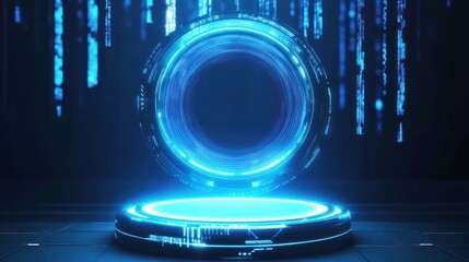 Podium light hologram tech technology background portal circle cyberpunk effect digital. Game element podium hologram light blue hud vector 3d future futuristic data concept neon vr fi abstract cyber