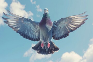 Fototapeta premium Single pigeon in the air with wings wide open Single pigeon in the air with wings wide open