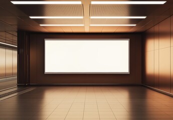 Fototapeta premium Spacious interior featuring polished floors and a large blank screen, designed for presentations or displays in an urban setting
