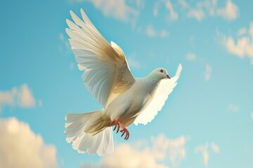 Fototapeta premium White pigeon flying with open wings in blue sky.