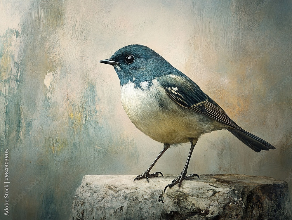 Canvas Prints A Detailed Painting of a Small Blue Bird Perched on a Stone