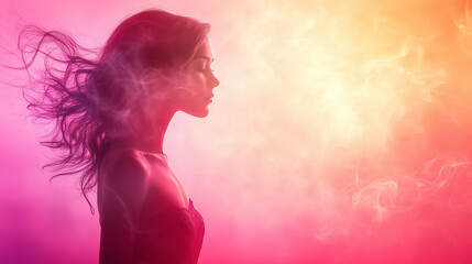 Captivating Silhouette of a Woman With Flowing Hair Against a Colorful Misty Background