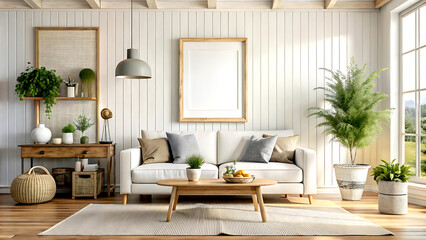 Mockup frame in farmhouse living room interior, 3d render, white Mock up