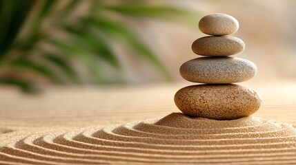 Zen rock garden with concentric sand patterns, rhythmic meditation focus, calming Japanese aesthetic