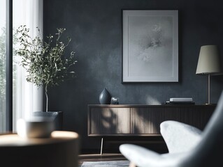 Modern Living Room Interior with Gray Walls and Dark Wooden Furniture