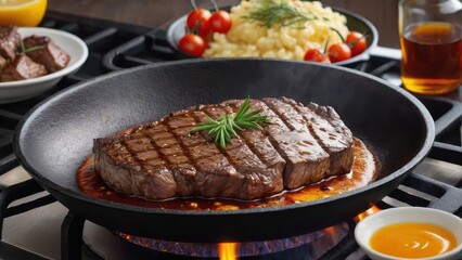 Fototapeta premium A sizzling steak in a skillet, garnished with rosemary, accompanied by pasta and cherry tomatoes.