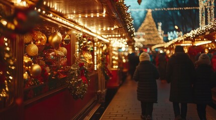 Families taking a Christmas market train ride, passing through stalls filled with golden lights, ornaments, and festive wreaths.