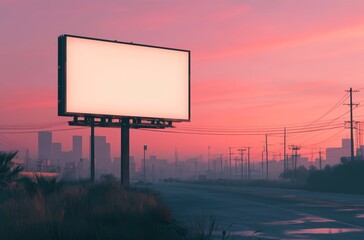 Fototapeta premium The solitary billboard looms on a deserted road at twilight, enveloped by soft pastel hues of the evening sky