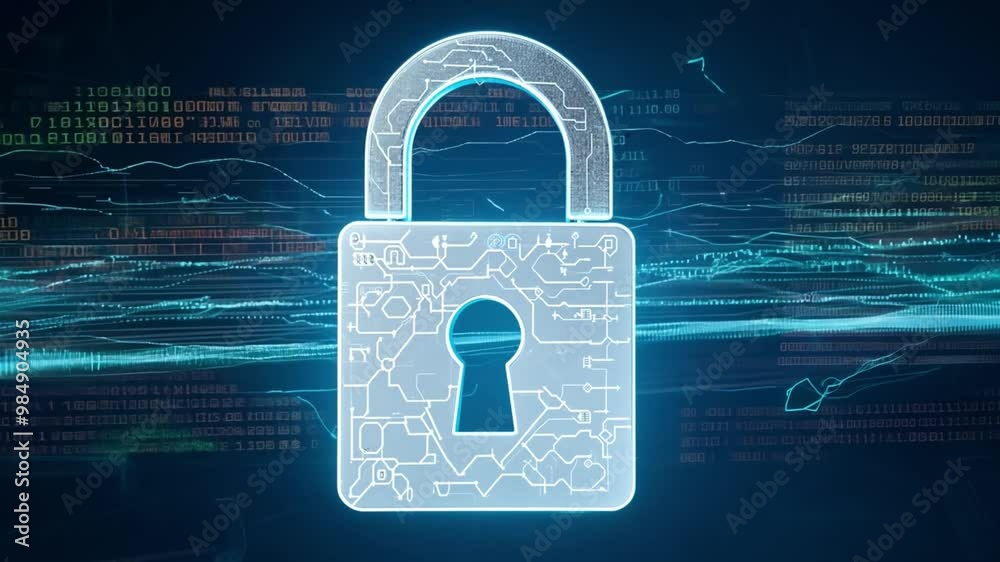 Poster A transparent digital padlock is displayed with circuit patterns, representing the essential role of cybersecurity in protecting information in a tech-driven world.