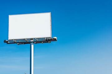 Fototapeta premium A large blank billboard towers against a bright blue sky, indicating a location for potential advertising or announcements