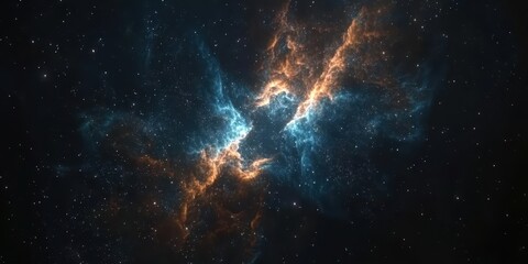 Fototapeta premium A cosmic cloud of gas and dust in deep space, glowing with blue and orange hues, scattered with twinkling stars. Concept: Stellar birth and cosmic creation.