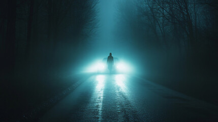Fototapeta premium A ghostly figure hovering over a dark, misty road, illuminated by the distant headlights of a car.