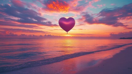 A large pink heart balloon floating above a tranquil ocean at sunset. Concept: Love, serenity, and romance.
