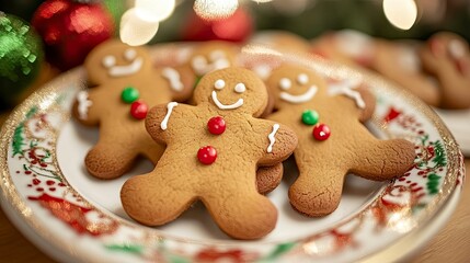 Gingerbread men cookies with red and green buttons, placed on a festive holiday plate, ready to be enjoyed.