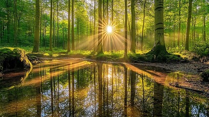 A tranquil forest clearing with sunlight streaming through the trees