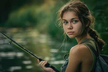 A young woman is holding a fishing rod and standing in a river, generative ai image
